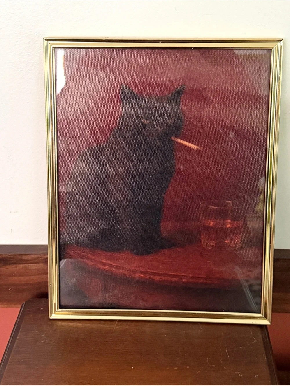 Black Cat Smoking a Cigarette Drinking Whiskey Gold Metal Frame Canvas Art Print